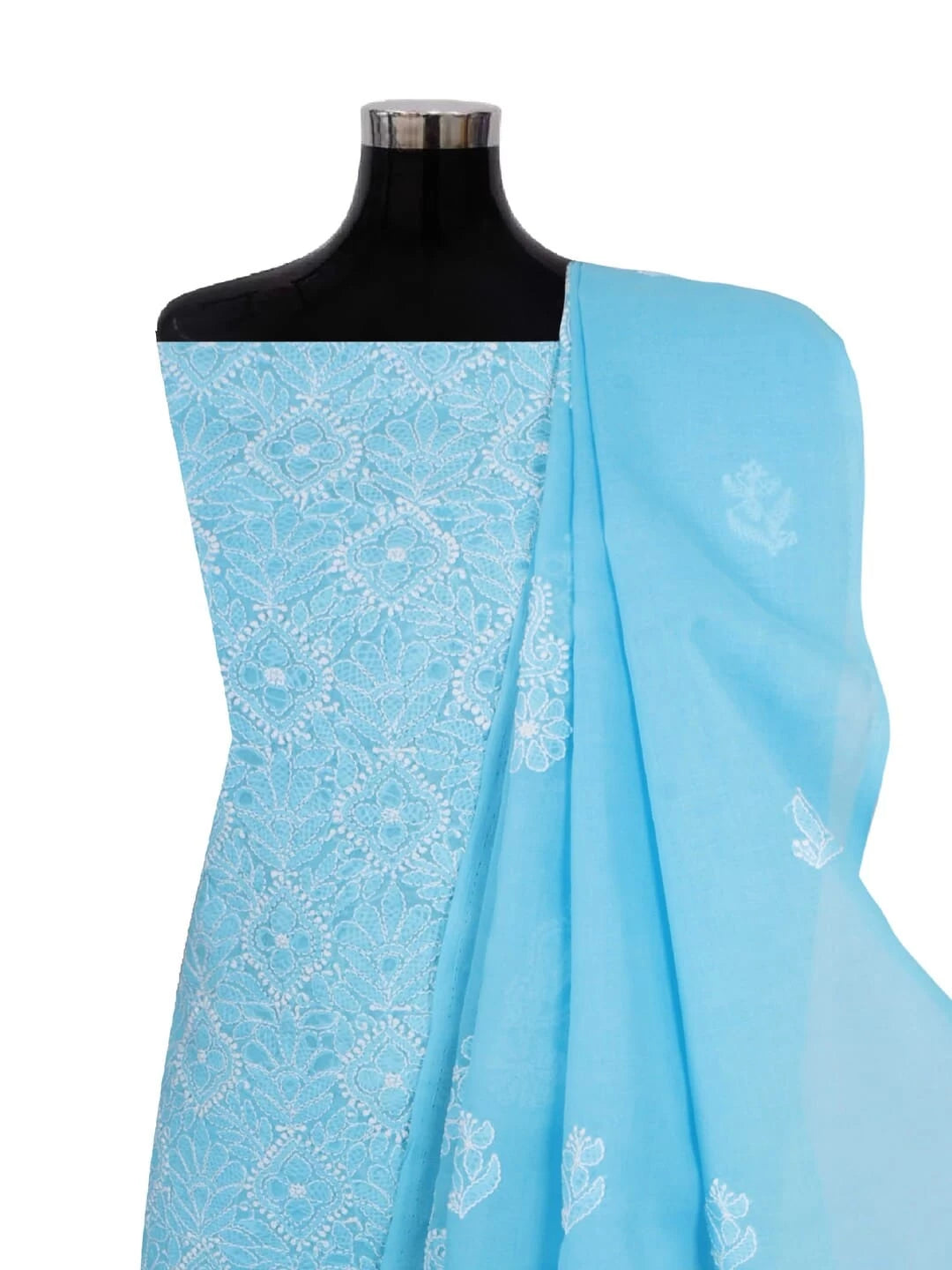 Ada Hand Embroidered Sky Blue Cotton Lucknowi Chikankari Unstitched Kurta Dupatta Set A297617