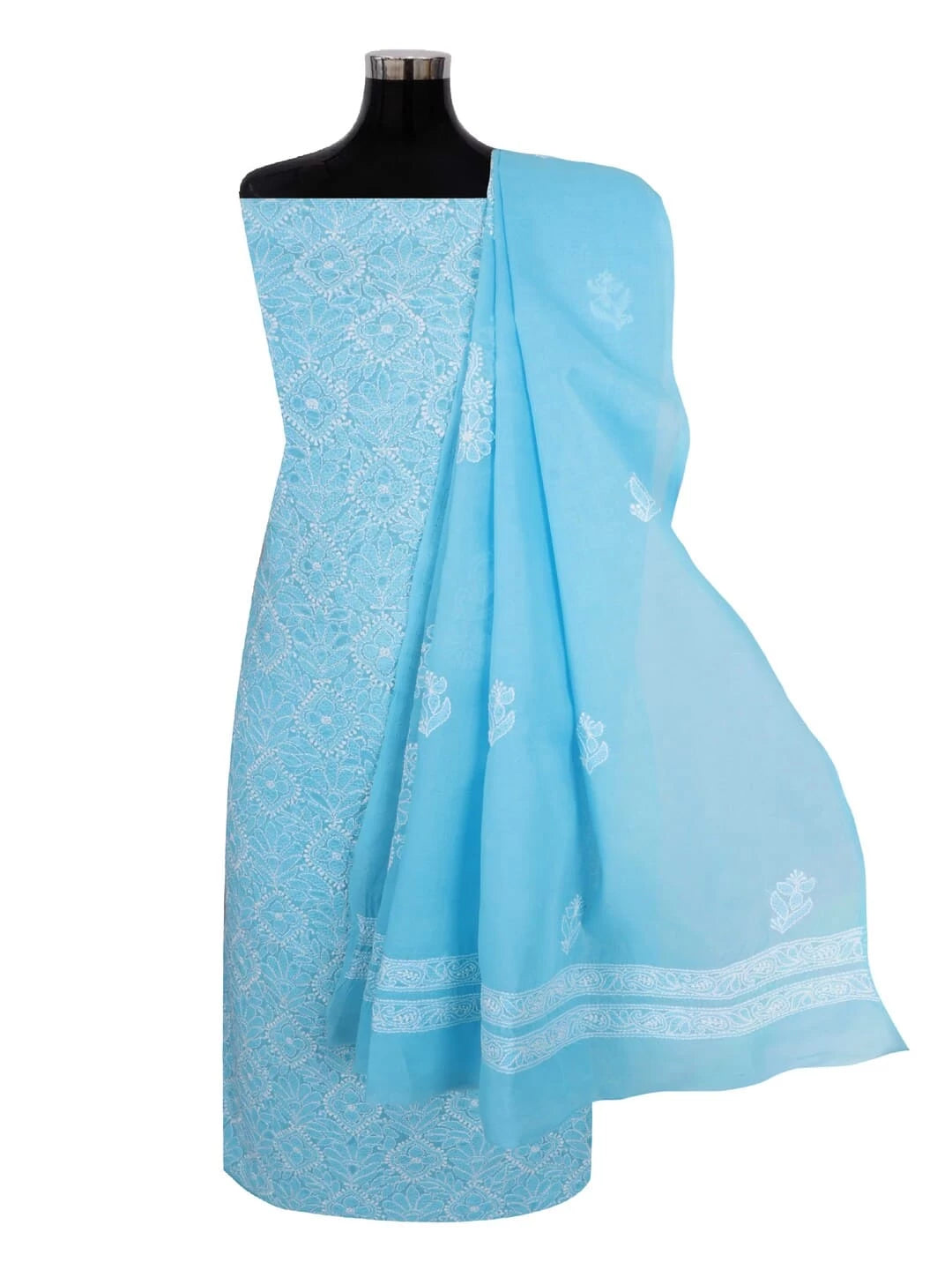 Ada Hand Embroidered Sky Blue Cotton Lucknowi Chikankari Unstitched Kurta Dupatta Set A297617