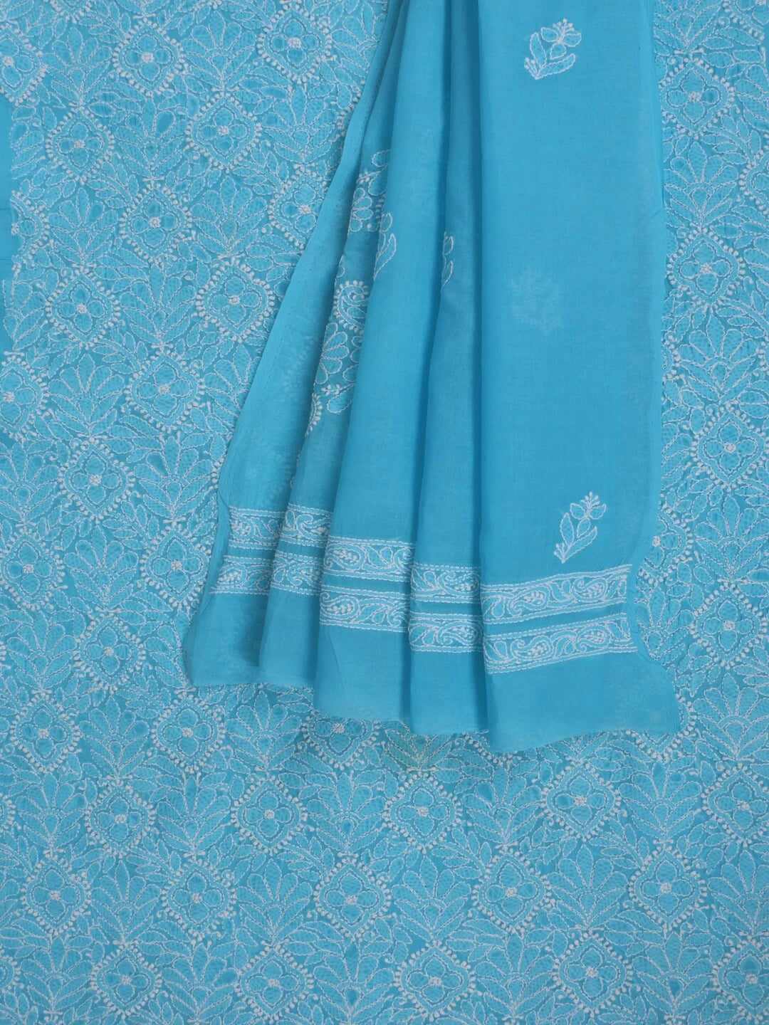 Ada Hand Embroidered Sky Blue Cotton Lucknowi Chikankari Unstitched Kurta Dupatta Set A297617