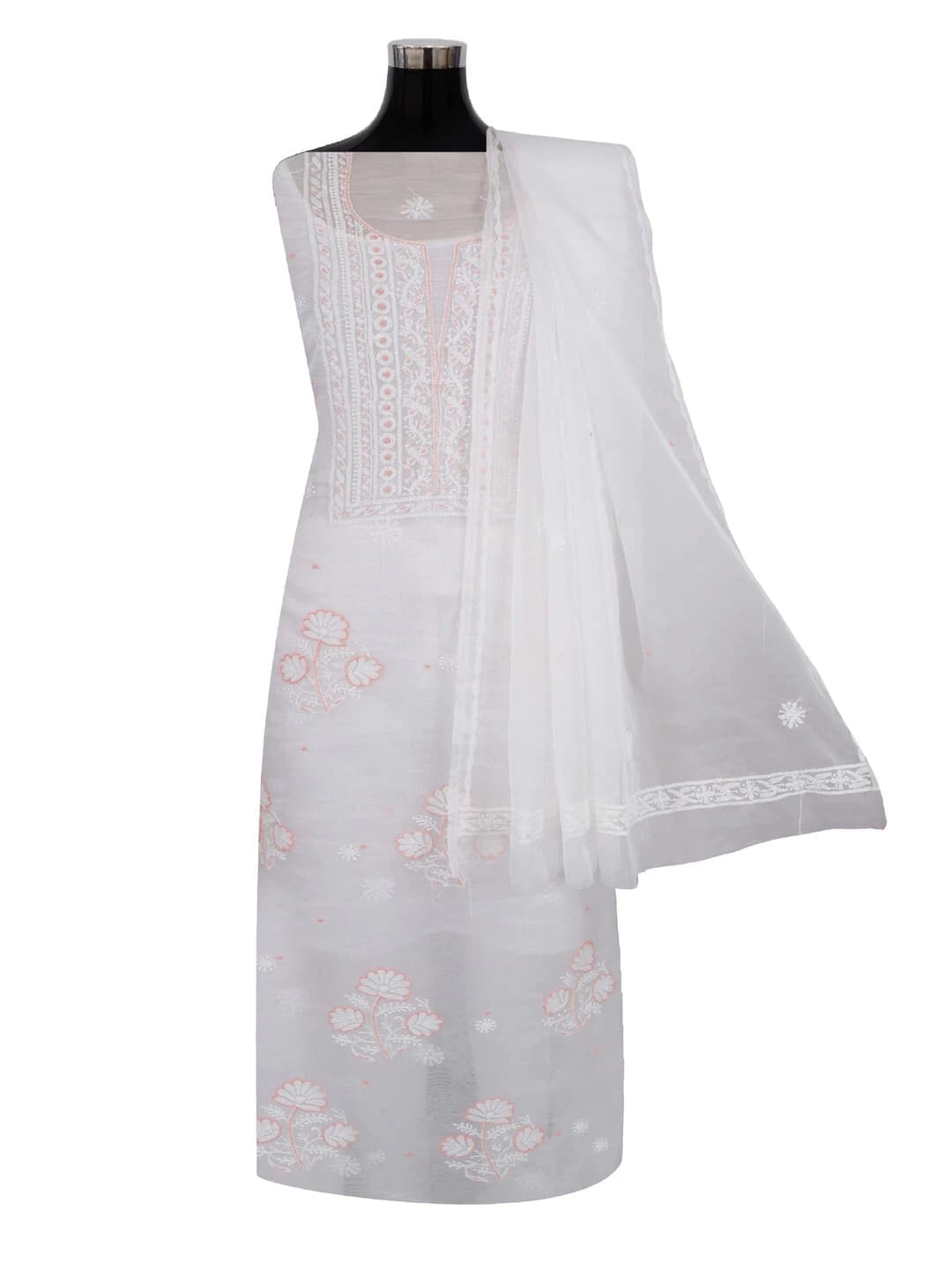 Ada Hand Embroidered White Organza Lucknowi Chikankari Unstitched Kurta Dupatta Set With Pearl Work 01A230612