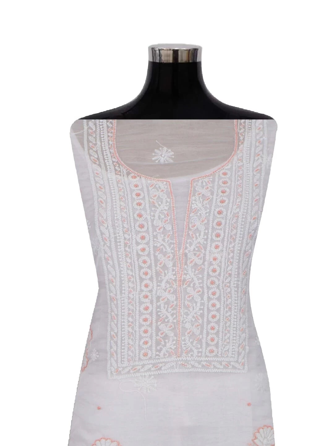Ada Hand Embroidered White Organza Lucknowi Chikankari Unstitched Kurta Dupatta Set With Pearl Work 01A230612