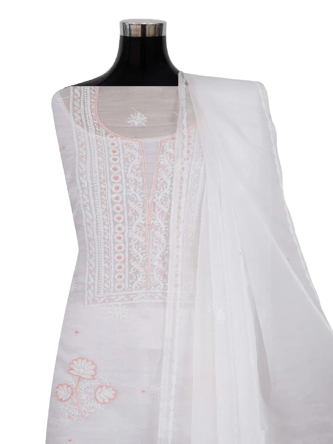 Ada Hand Embroidered White Organza Lucknowi Chikankari Unstitched Kurta Dupatta Set With Pearl Work 01A230612