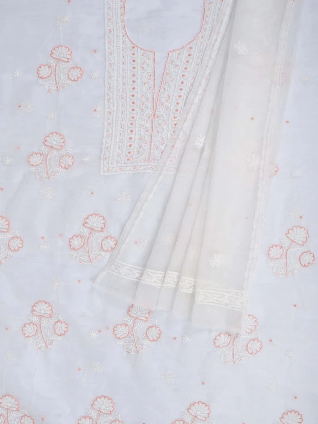 Ada Hand Embroidered White Organza Lucknowi Chikankari Unstitched Kurta Dupatta Set With Pearl Work 01A230612
