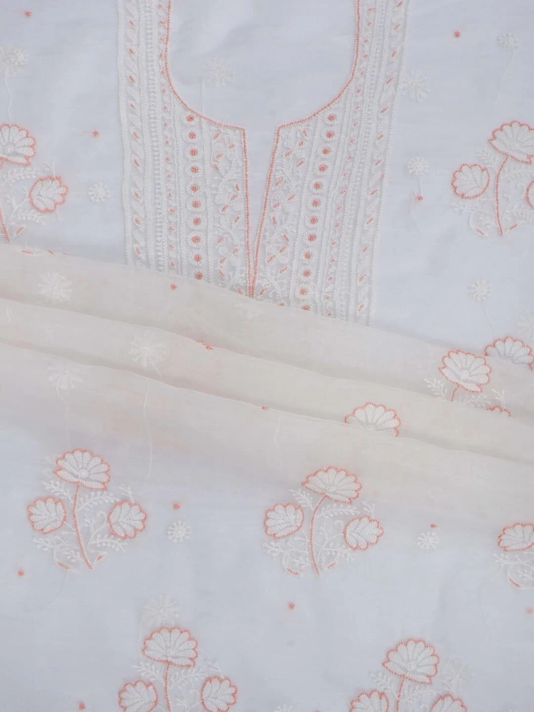 Ada Hand Embroidered White Organza Lucknowi Chikankari Unstitched Kurta Dupatta Set With Pearl Work 01A230612