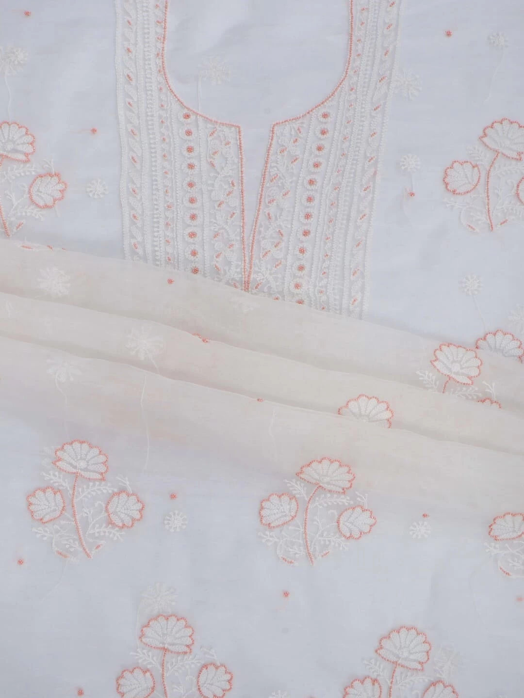 Ada Hand Embroidered White Organza Lucknowi Chikankari Unstitched Kurta Dupatta Set With Pearl Work 01A230612