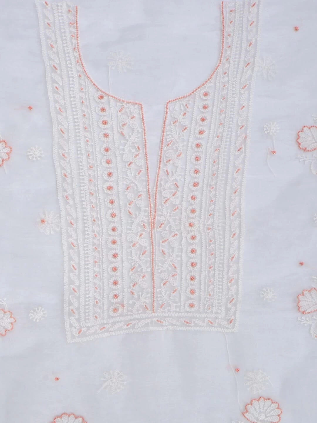 Ada Hand Embroidered White Organza Lucknowi Chikankari Unstitched Kurta Dupatta Set With Pearl Work 01A230612