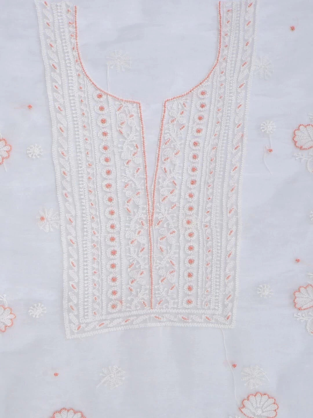 Ada Hand Embroidered White Organza Lucknowi Chikankari Unstitched Kurta Dupatta Set With Pearl Work 01A230612