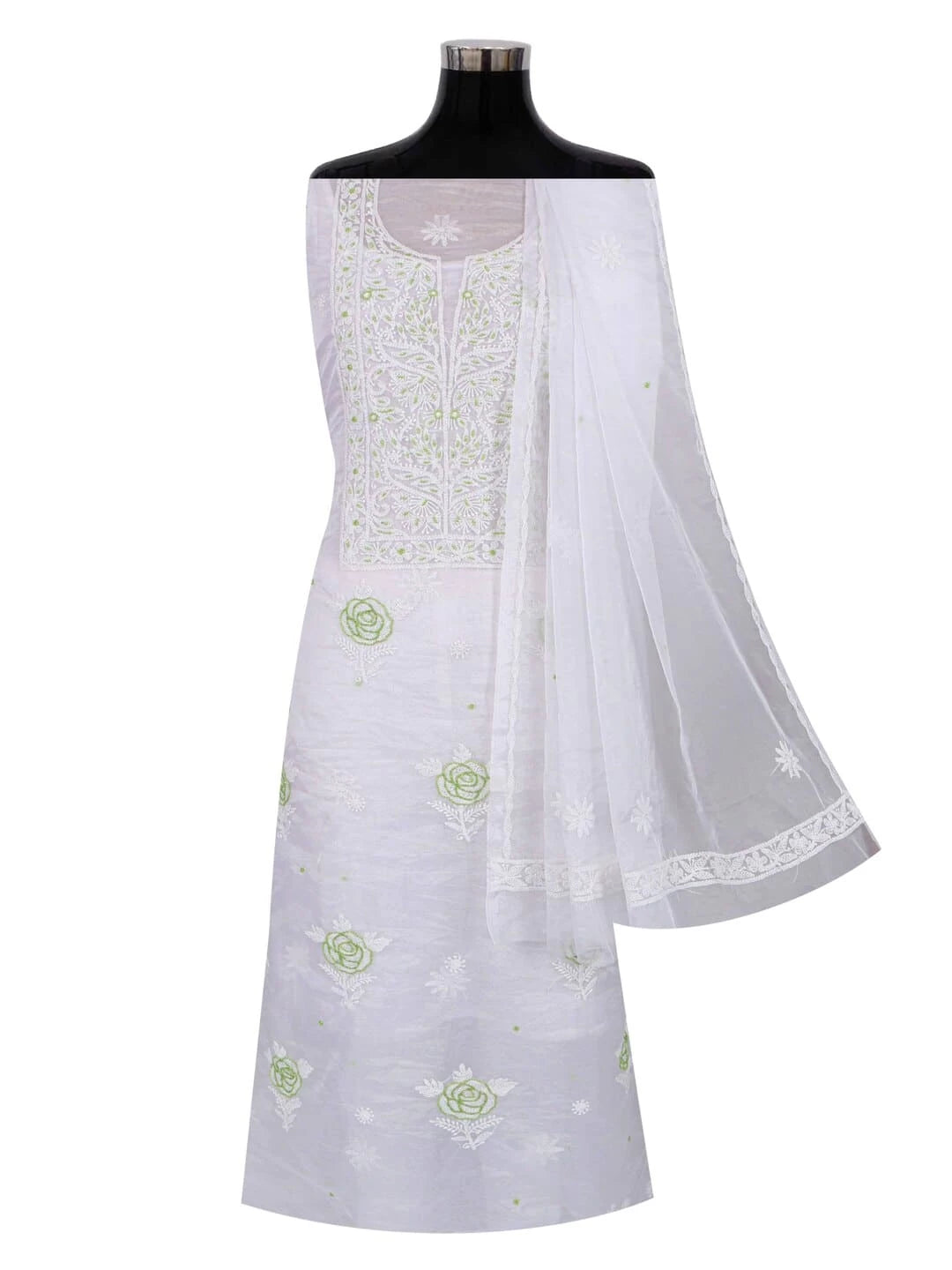 Ada Hand Embroidered White Organza Lucknowi Chikankari Unstitched Kurta Dupatta Set With Pearl Work 01A230617