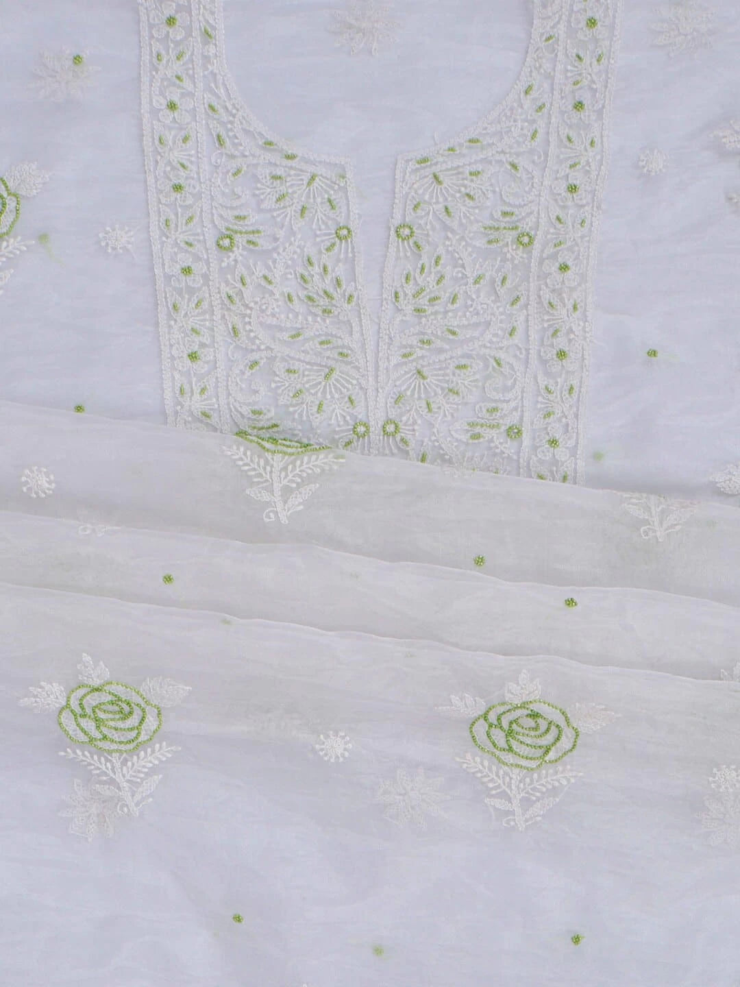 Ada Hand Embroidered White Organza Lucknowi Chikankari Unstitched Kurta Dupatta Set With Pearl Work 01A230617