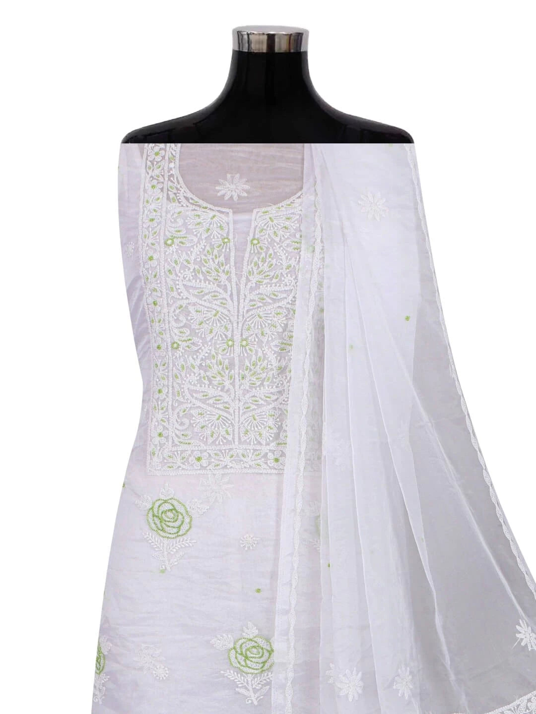 Ada Hand Embroidered White Organza Lucknowi Chikankari Unstitched Kurta Dupatta Set With Pearl Work 01A230617