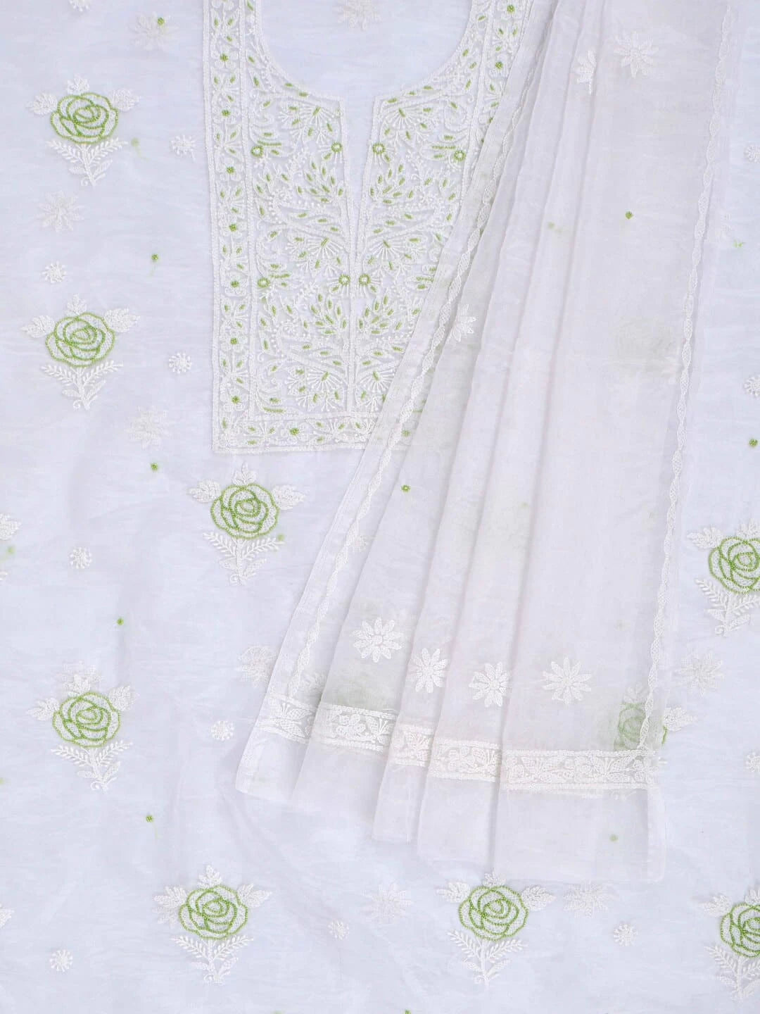 Ada Hand Embroidered White Organza Lucknowi Chikankari Unstitched Kurta Dupatta Set With Pearl Work 01A230617