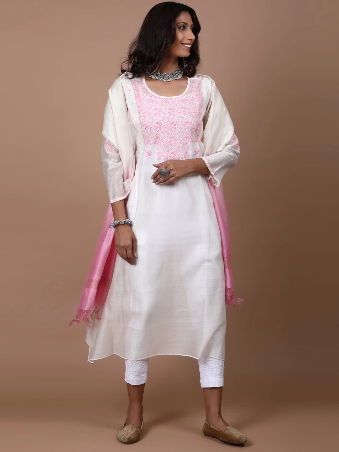 Ada Hand Embroidered Cream Chanderi Lucknowi Chikankari Semi-Stitched Kurta Dupatta Set With Zari Work 01A124171