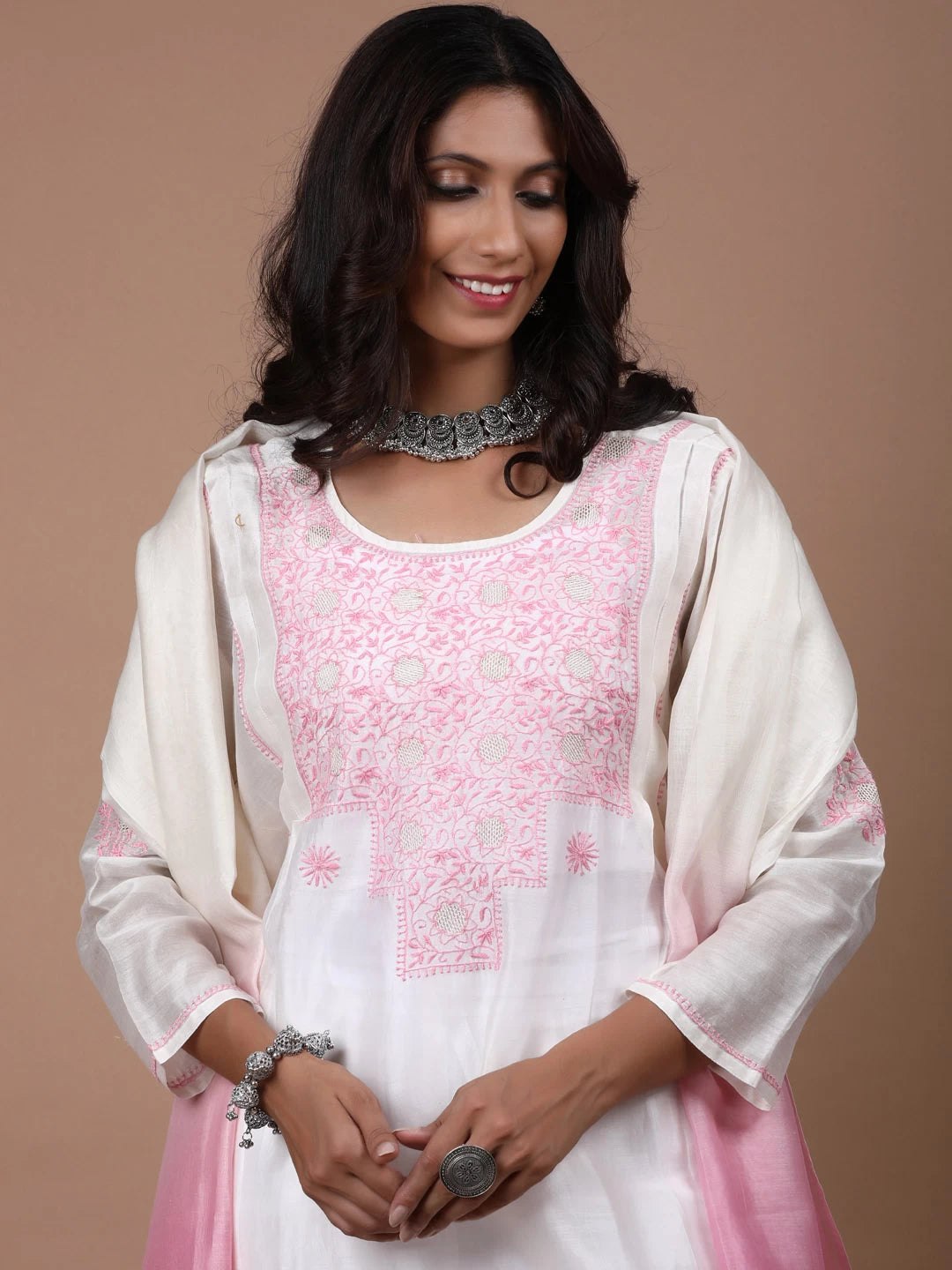Ada Hand Embroidered Cream Chanderi Lucknowi Chikankari Semi-Stitched Kurta Dupatta Set With Zari Work 01A124171