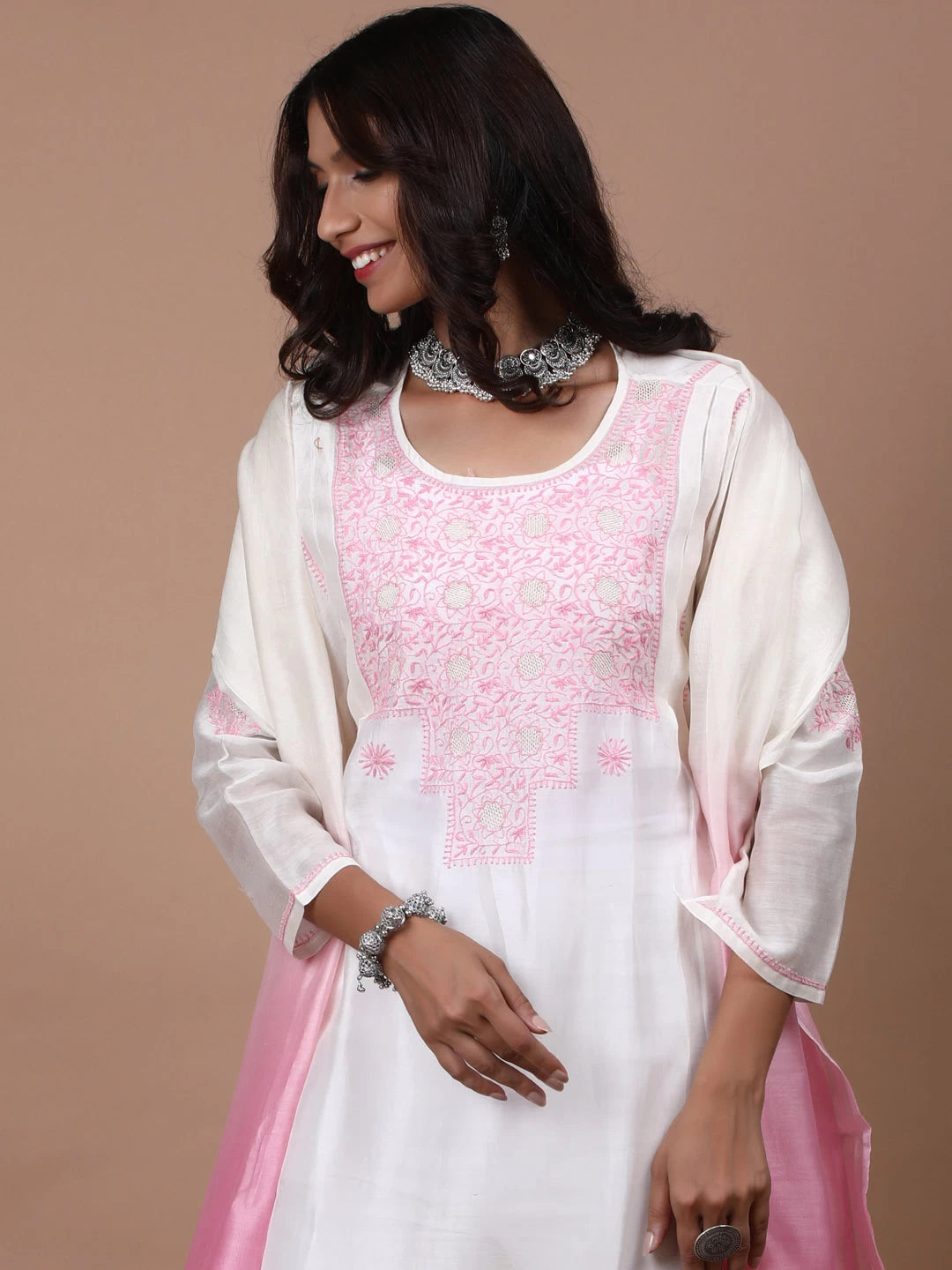 Ada Hand Embroidered Cream Chanderi Lucknowi Chikankari Semi-Stitched Kurta Dupatta Set With Zari Work 01A124171