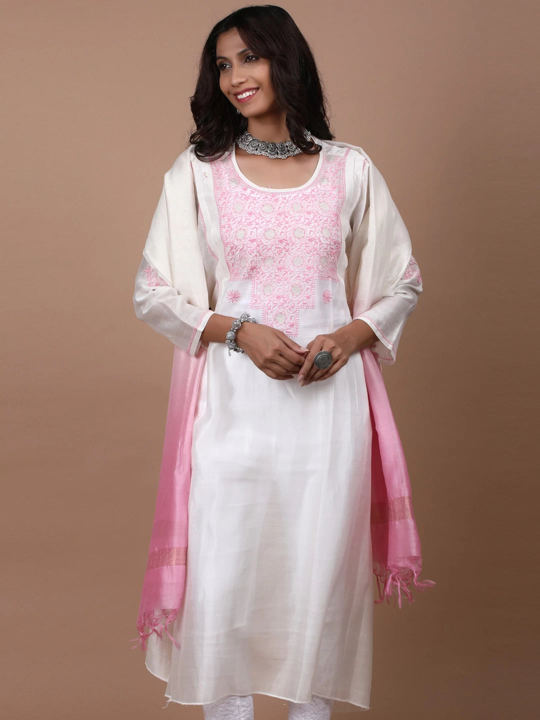 Ada Hand Embroidered Cream Chanderi Lucknowi Chikankari Semi-Stitched Kurta Dupatta Set With Zari Work 01A124171