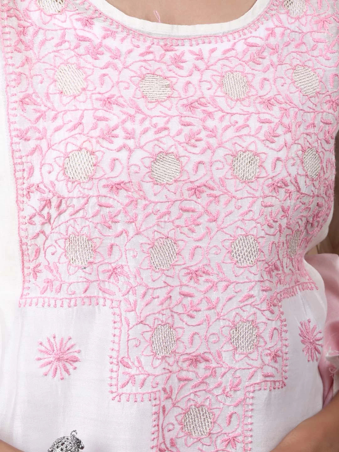 Ada Hand Embroidered Cream Chanderi Lucknowi Chikankari Semi-Stitched Kurta Dupatta Set With Zari Work 01A124171