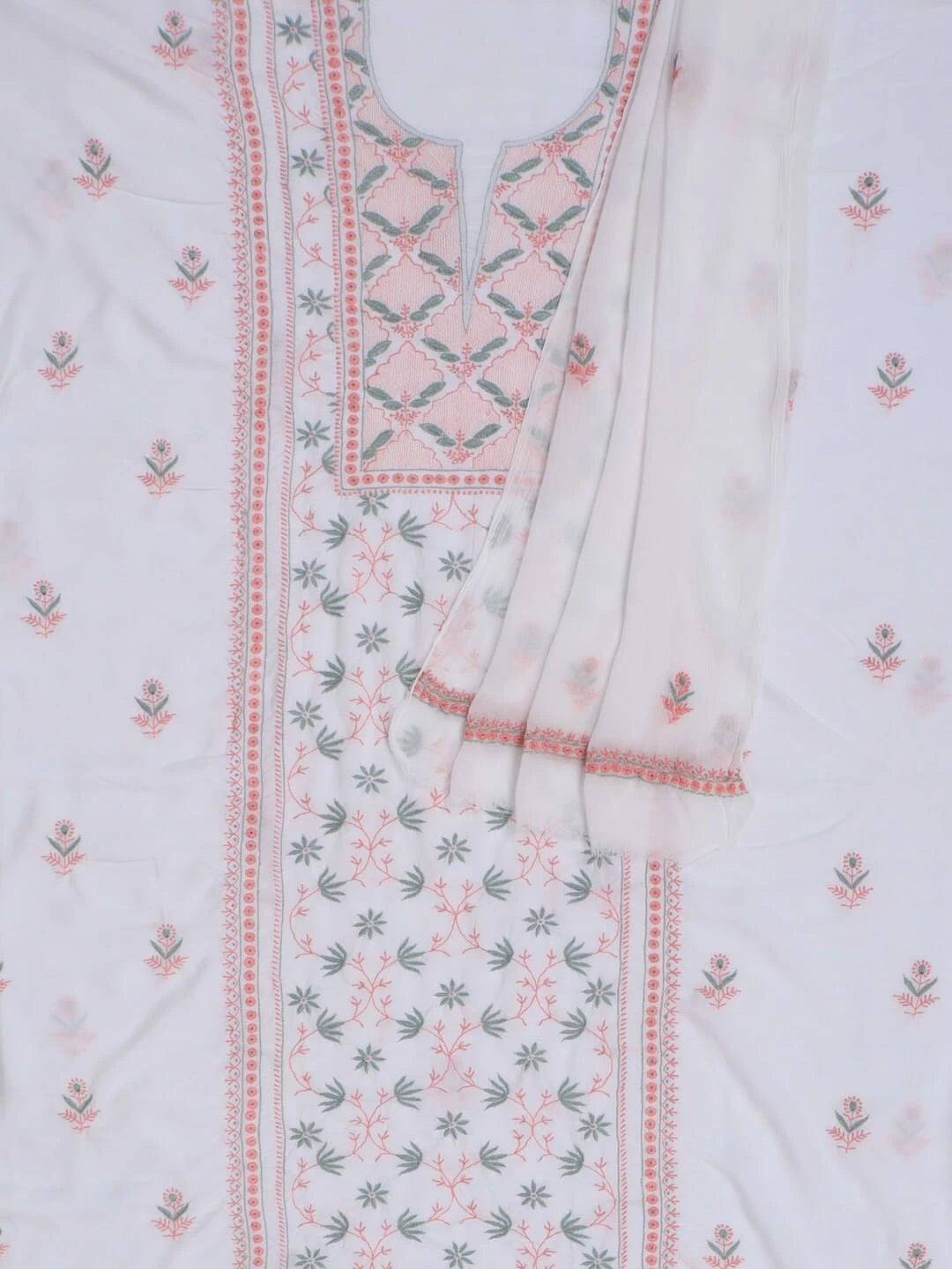 Ada Hand Embroidered White Modal Lucknowi Chikankari Unstitched Kurta Dupatta Set 01A265030