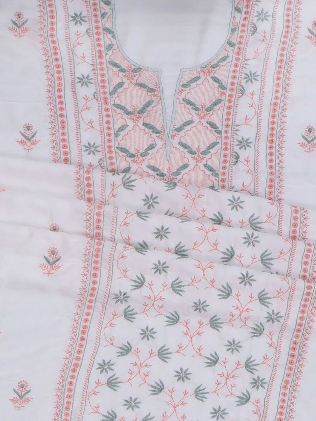 Ada Hand Embroidered White Modal Lucknowi Chikankari Unstitched Kurta Dupatta Set 01A265030