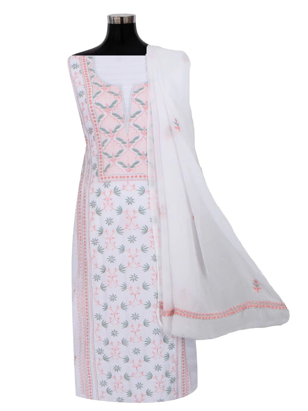 Ada Hand Embroidered White Modal Lucknowi Chikankari Unstitched Kurta Dupatta Set 01A265030
