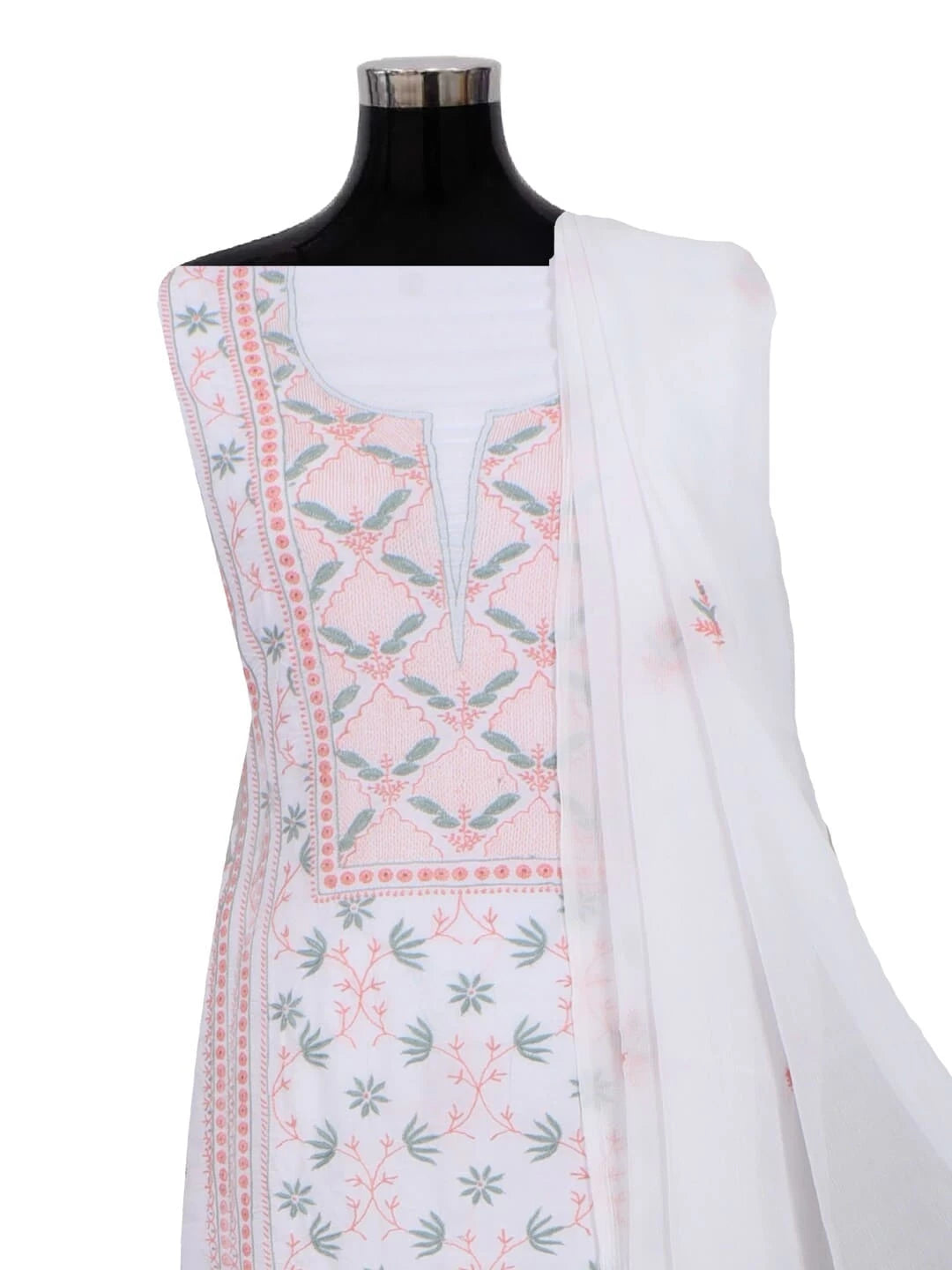 Ada Hand Embroidered White Modal Lucknowi Chikankari Unstitched Kurta Dupatta Set 01A265030