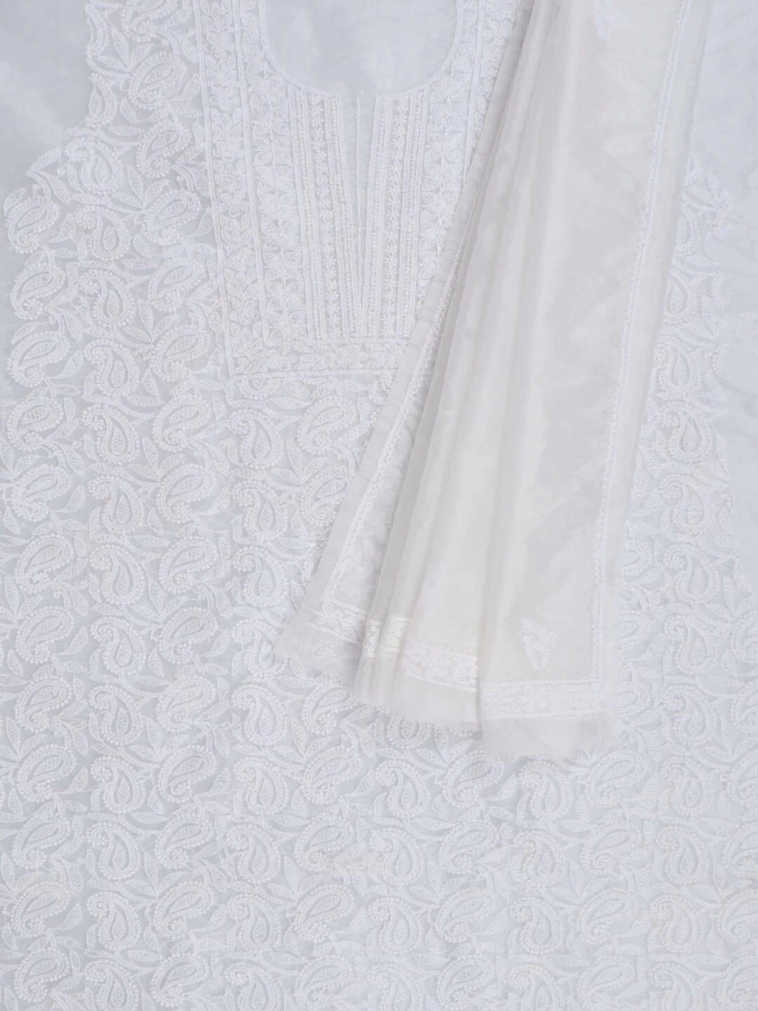 Ada Hand Embroidered White Organza Lucknowi Chikankari Unstitched Kurta Dupatta Set 01A283541