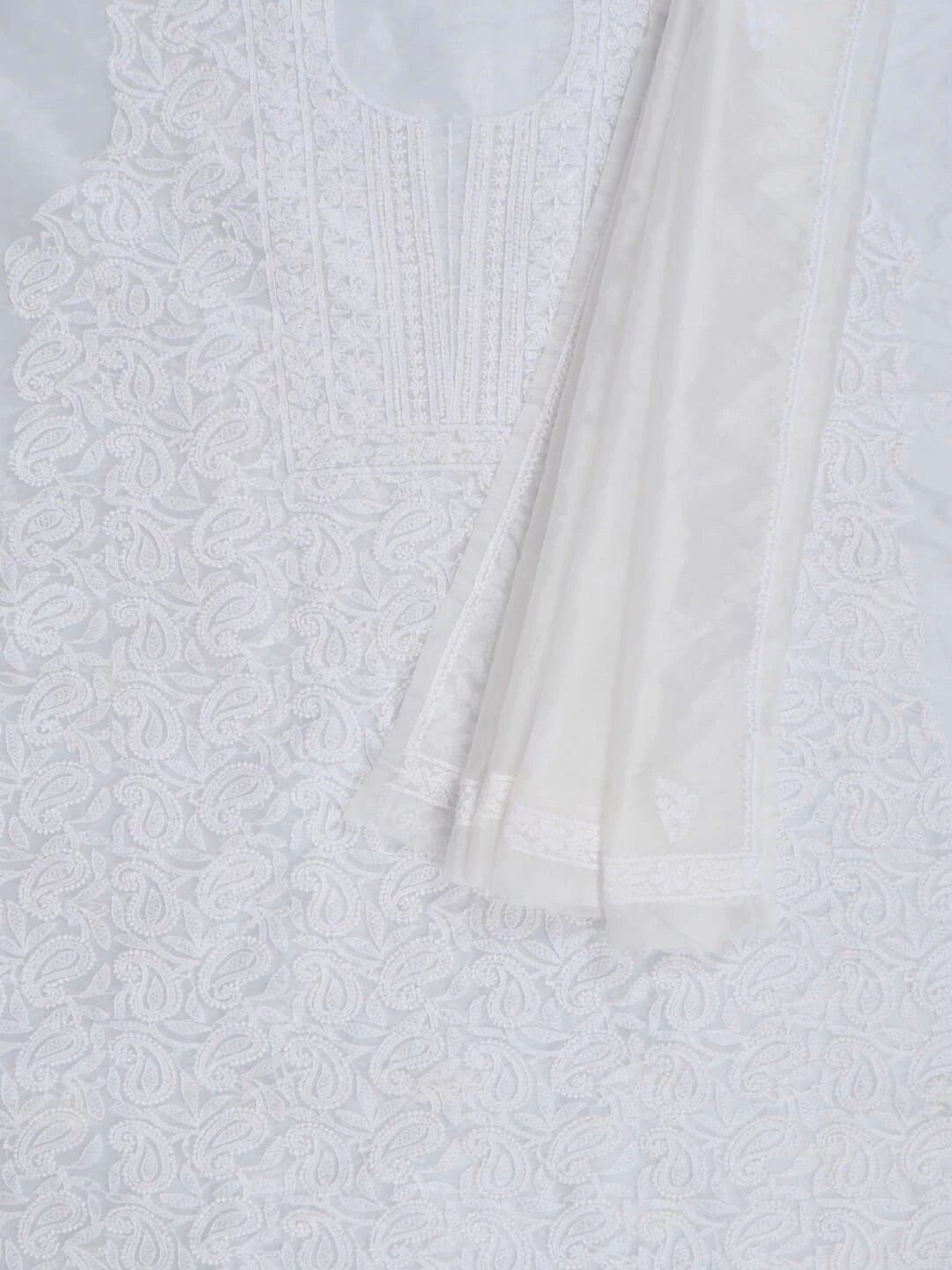 Ada Hand Embroidered White Organza Lucknowi Chikankari Unstitched Kurta Dupatta Set 01A283541
