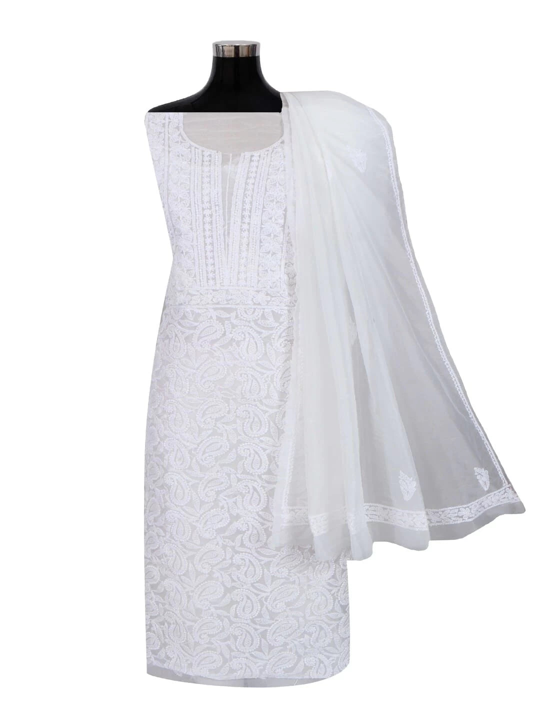 Ada Hand Embroidered White Organza Lucknowi Chikankari Unstitched Kurta Dupatta Set 01A283541