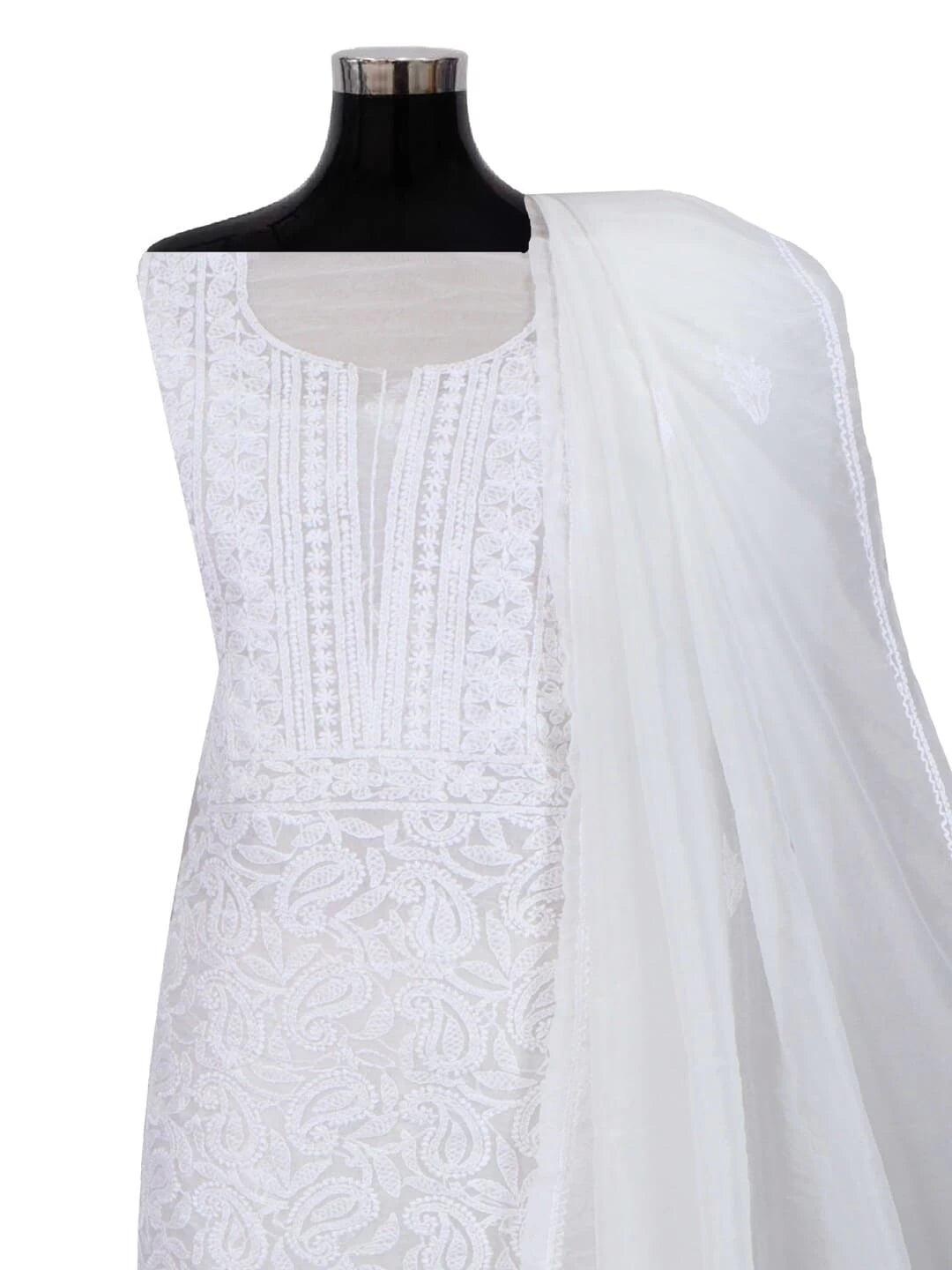 Ada Hand Embroidered White Organza Lucknowi Chikankari Unstitched Kurta Dupatta Set 01A283541