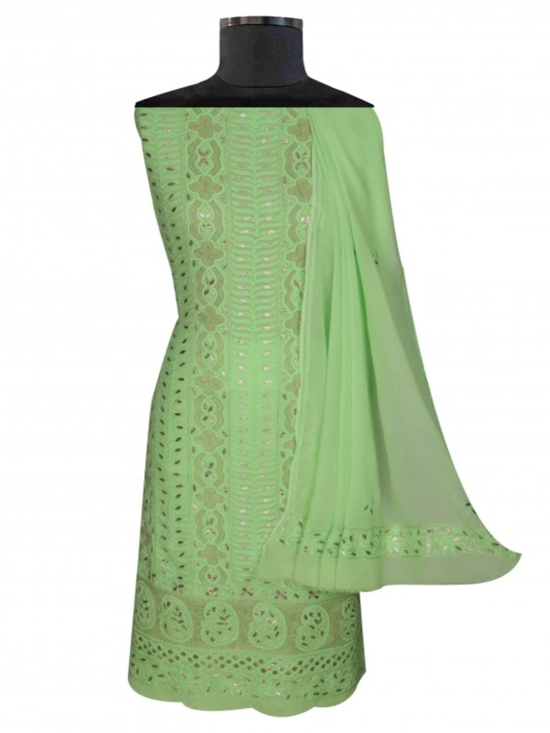 Ada Hand Embroidered Fluorescent Green Viscose Georgette Lucknowi Chikankari Unstitched Kurta Dupatta Set with Gota Patti Work A622306