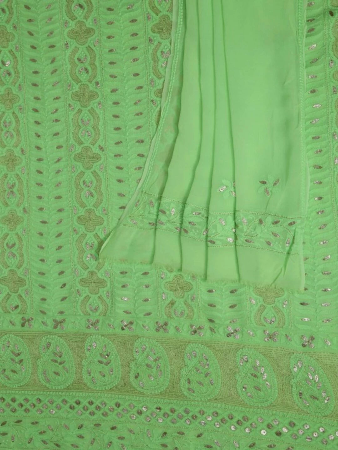Ada Hand Embroidered Fluorescent Green Viscose Georgette Lucknowi Chikankari Unstitched Kurta Dupatta Set with Gota Patti Work A622306