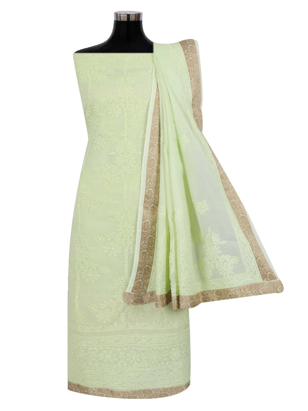 Ada Hand Embroidered Lime Green Cotton Lucknowi Chikankari Unstitched Kurta Dupatta Set 01A60263