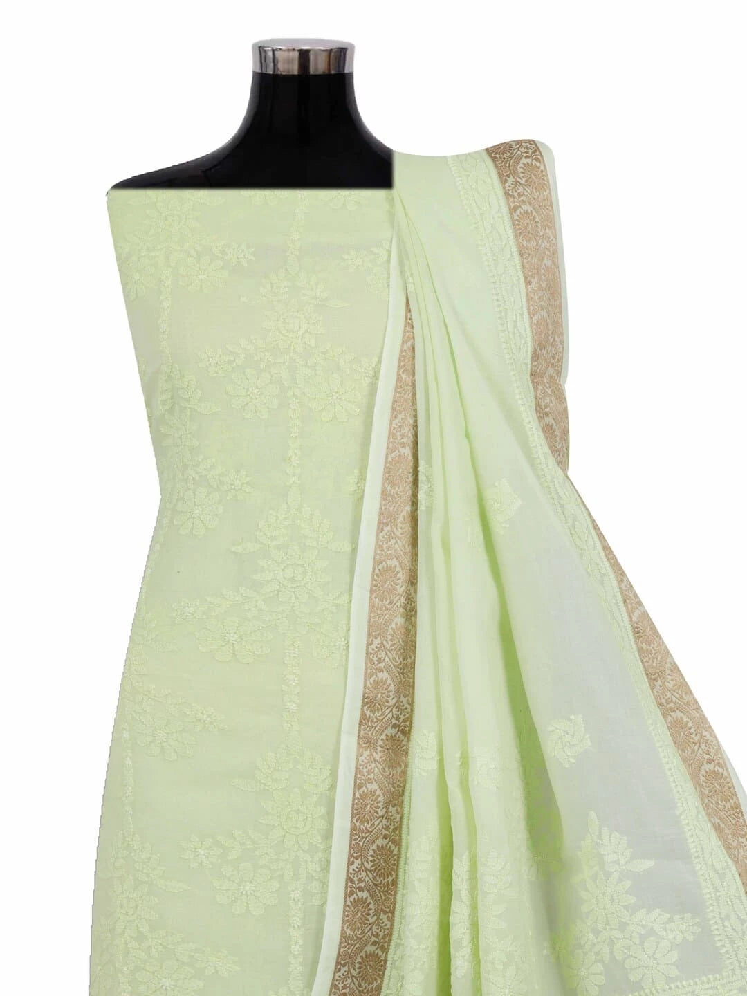 Ada Hand Embroidered Lime Green Cotton Lucknowi Chikankari Unstitched Kurta Dupatta Set 01A60263