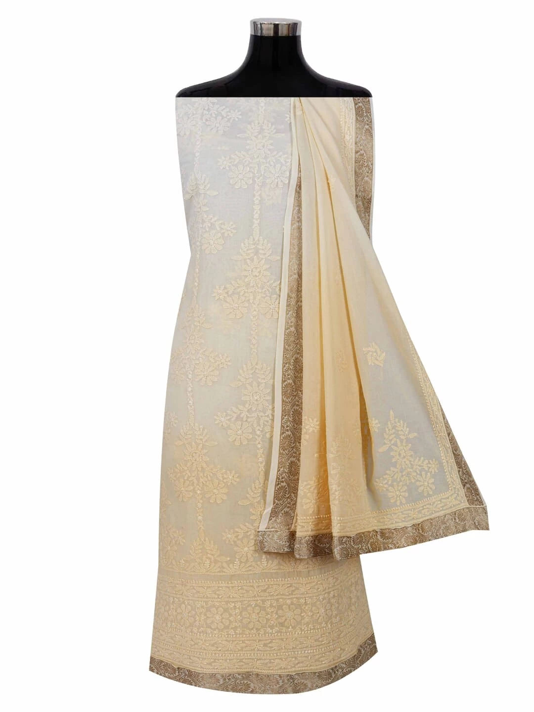 Ada Hand Embroidered Light Yellow Ombre Shade Cotton Lucknowi Chikankari Unstitched Kurta Dupatta Set A595372