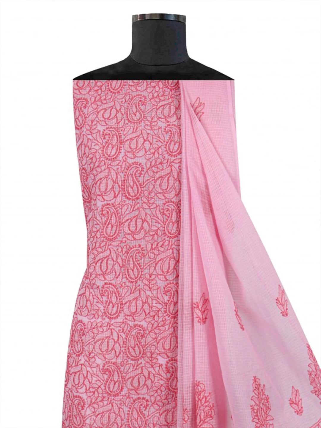Ada Hand Embroidered Baby Pink Kota Lucknowi Chikankari Unstitched Kurta Dupatta Set 01A219568