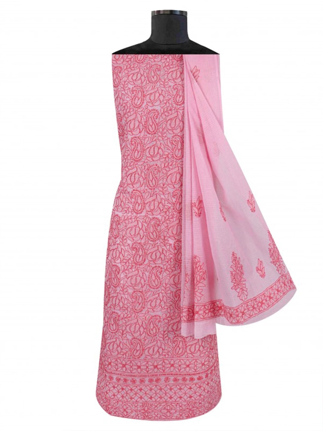 Ada Hand Embroidered Baby Pink Kota Lucknowi Chikankari Unstitched Kurta Dupatta Set 01A219568