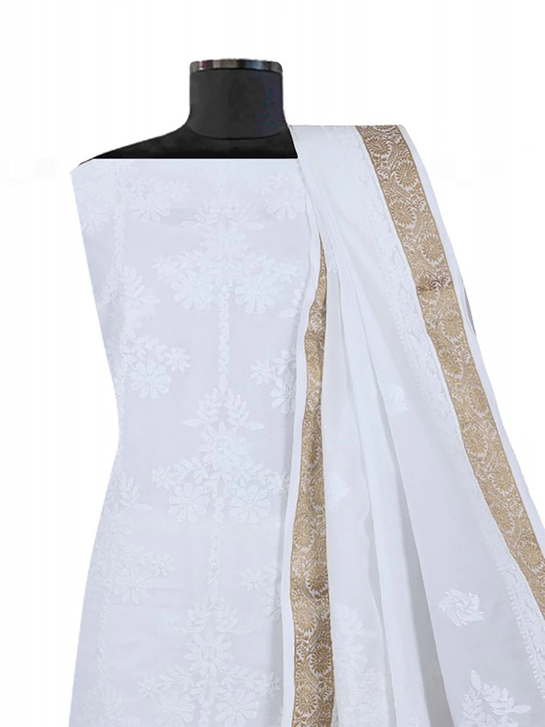 Ada Hand Embroidered White Cotton Lucknowi Chikankari Unstitched Kurta Dupatta Set 01A60259
