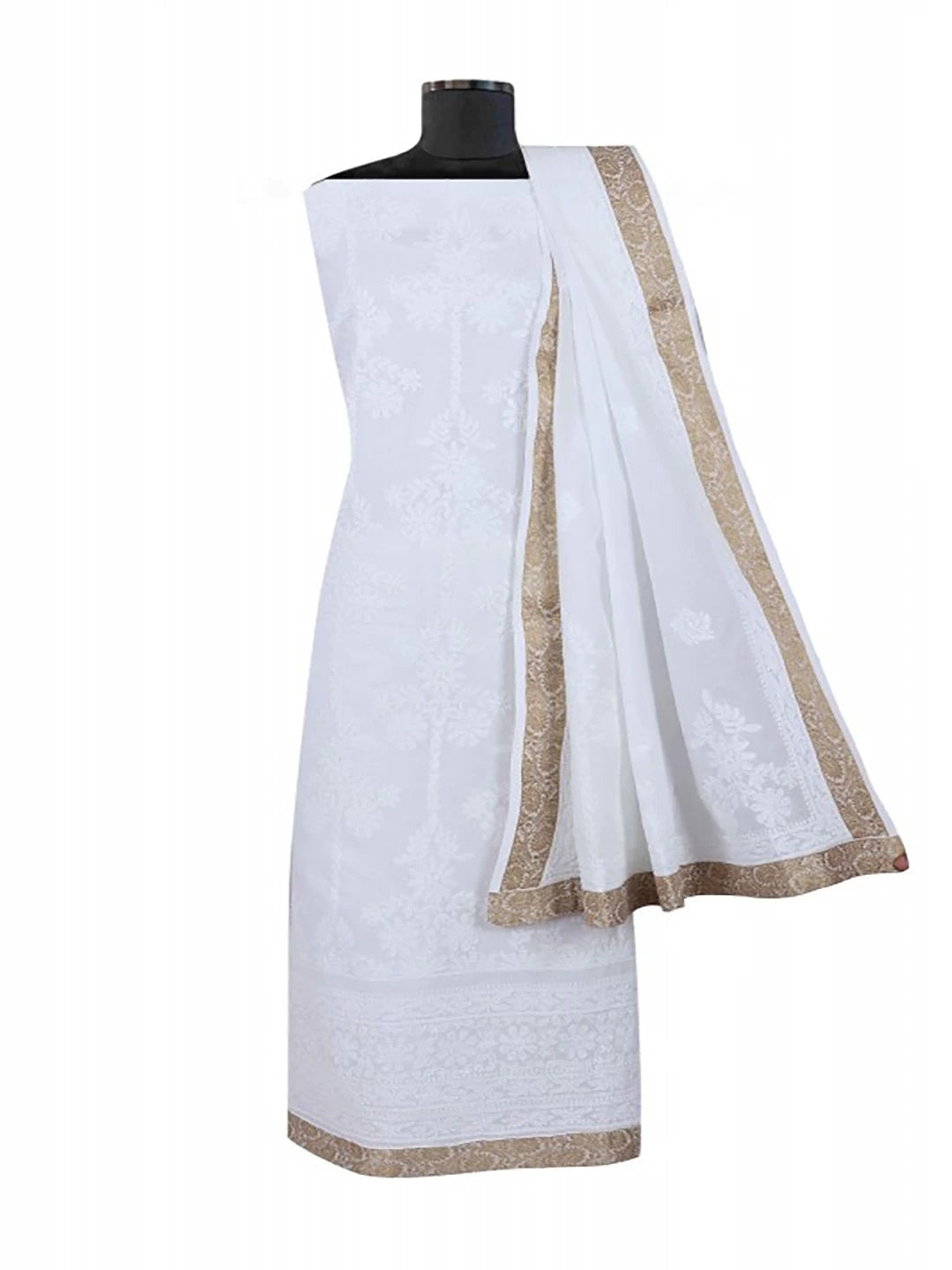 Ada Hand Embroidered White Cotton Lucknowi Chikankari Unstitched Kurta Dupatta Set 01A60259
