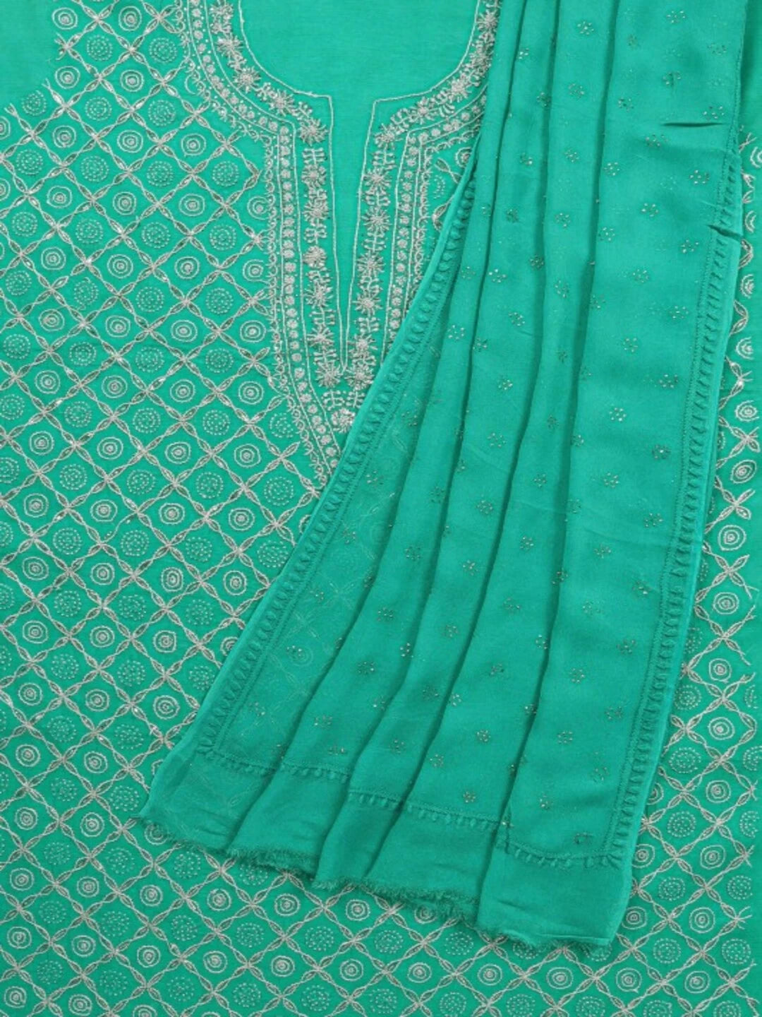 Ada Hand Embroidered Green Cotton Lucknowi Chikankari Unstitched Kurta Dupatta Set With Muqaish Work A326801