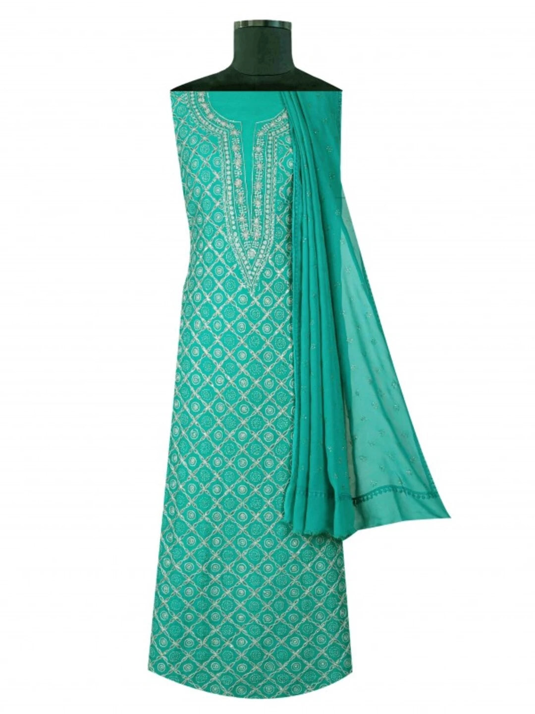 Ada Hand Embroidered Green Cotton Lucknowi Chikankari Unstitched Kurta Dupatta Set With Muqaish Work A326801