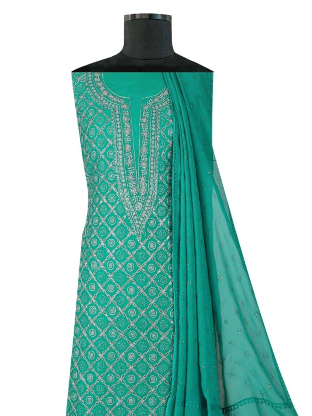Ada Hand Embroidered Green Cotton Lucknowi Chikankari Unstitched Kurta Dupatta Set With Muqaish Work A326801