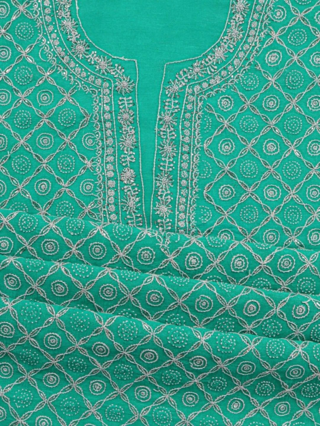 Ada Hand Embroidered Green Cotton Lucknowi Chikankari Unstitched Kurta Dupatta Set With Muqaish Work A326801