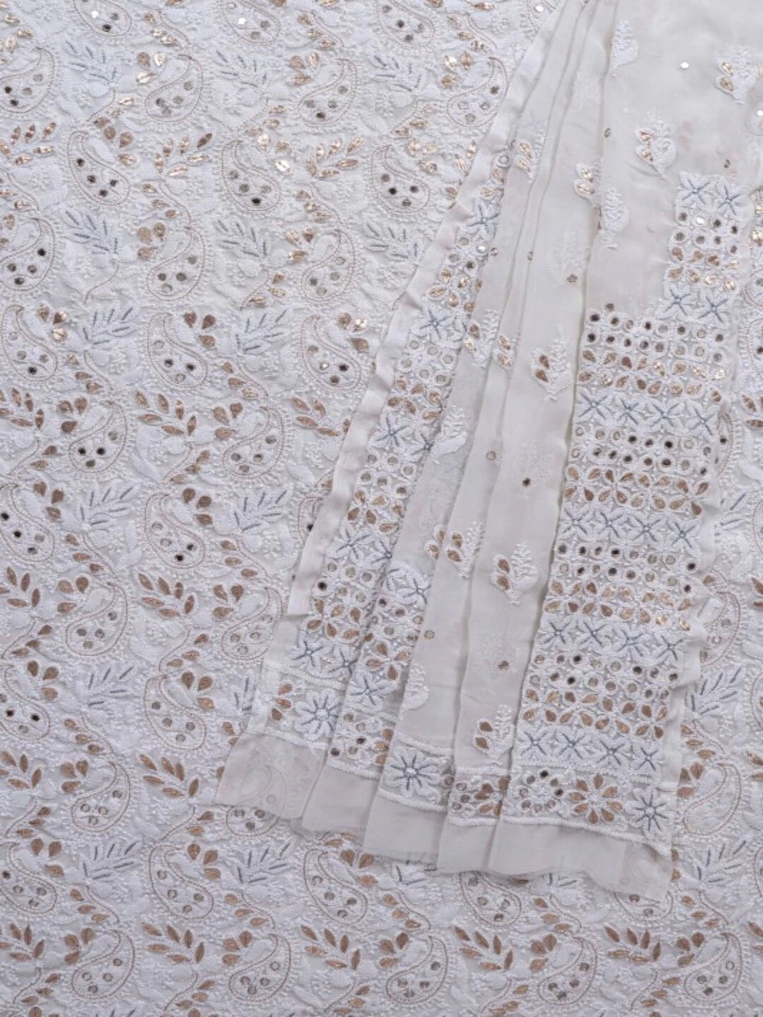 Ada Hand Embroidered White Georgette Lucknowi Chikankari Unstitched Kurta Dupatta Set With Gota Patti Work A539683