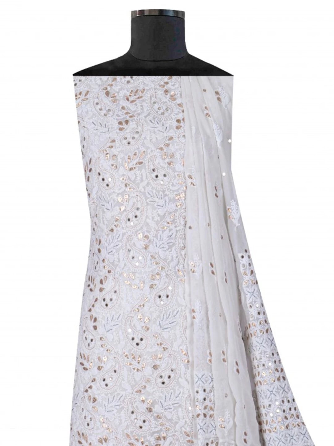 Ada Hand Embroidered White Georgette Lucknowi Chikankari Unstitched Kurta Dupatta Set With Gota Patti Work A539683
