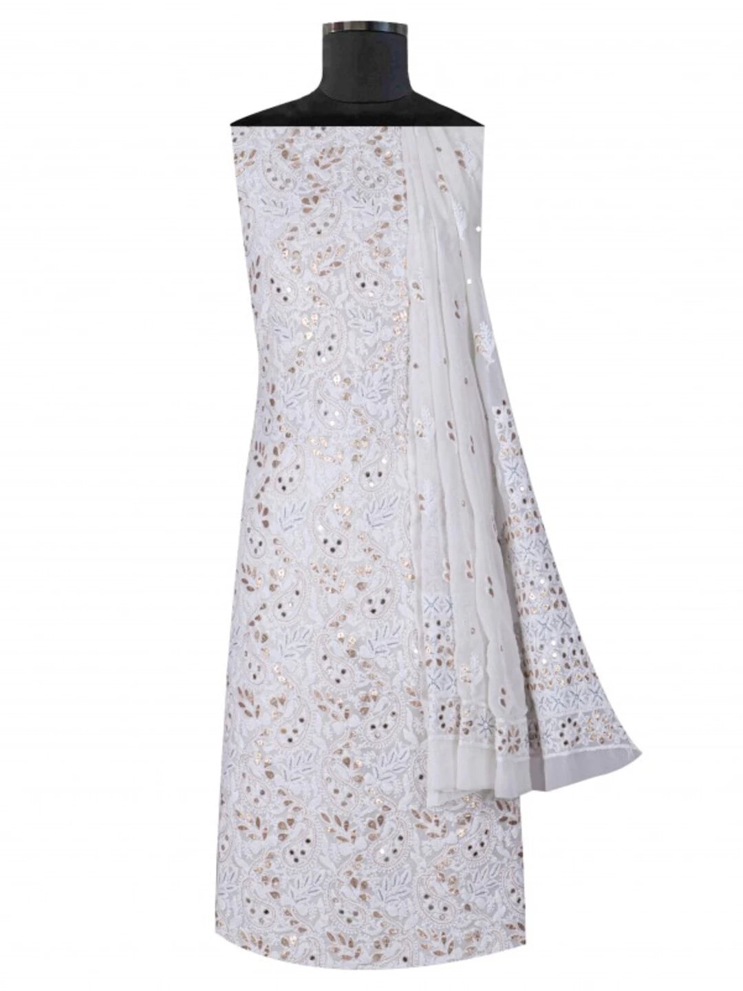 Ada Hand Embroidered White Georgette Lucknowi Chikankari Unstitched Kurta Dupatta Set With Gota Patti Work A539683