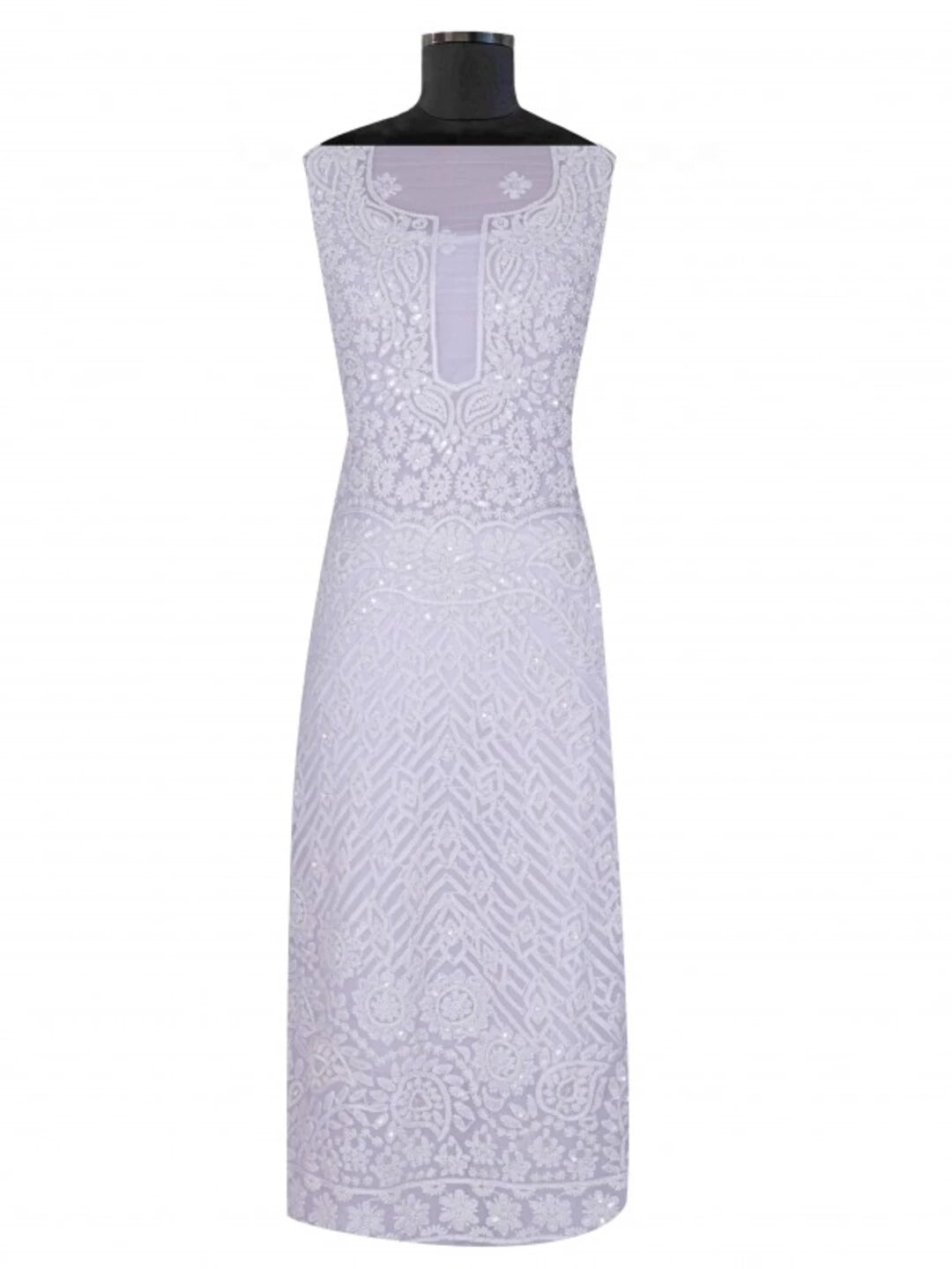 Ada Hand Embroidered White Georgette Lucknowi Chikankari Unstitched Kurta Dupatta Set with Pearl Work 01A15694