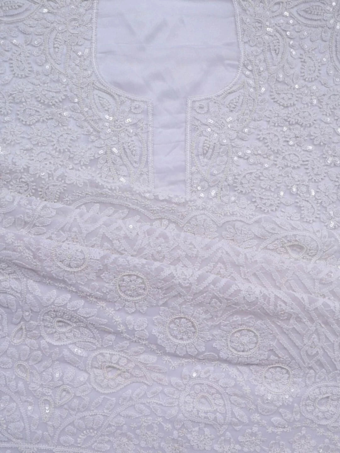 Ada Hand Embroidered White Georgette Lucknowi Chikankari Unstitched Kurta Dupatta Set with Pearl Work 01A15694
