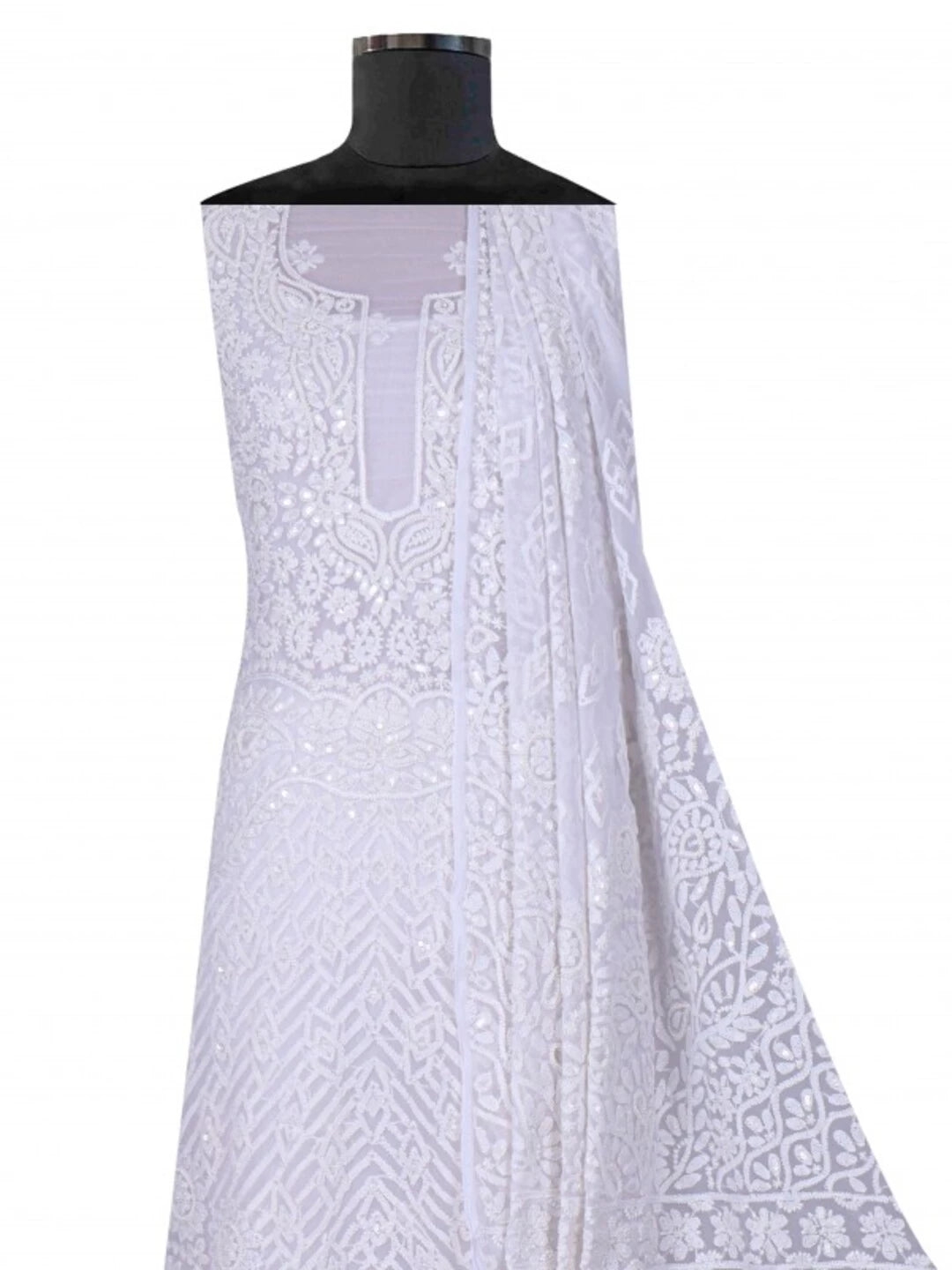 Ada Hand Embroidered White Georgette Lucknowi Chikankari Unstitched Kurta Dupatta Set with Pearl Work 01A15694