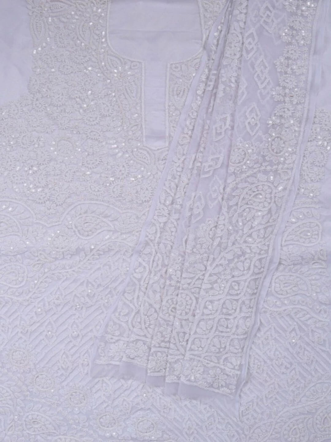 Ada Hand Embroidered White Georgette Lucknowi Chikankari Unstitched Kurta Dupatta Set with Pearl Work 01A15694