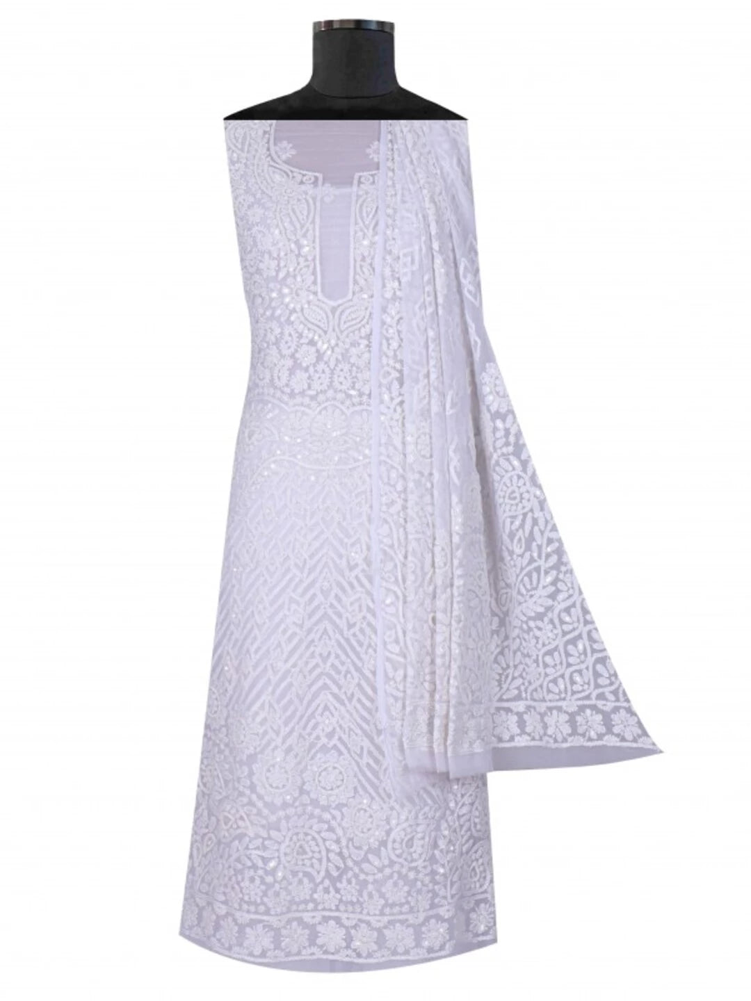 Ada Hand Embroidered White Georgette Lucknowi Chikankari Unstitched Kurta Dupatta Set with Pearl Work 01A15694