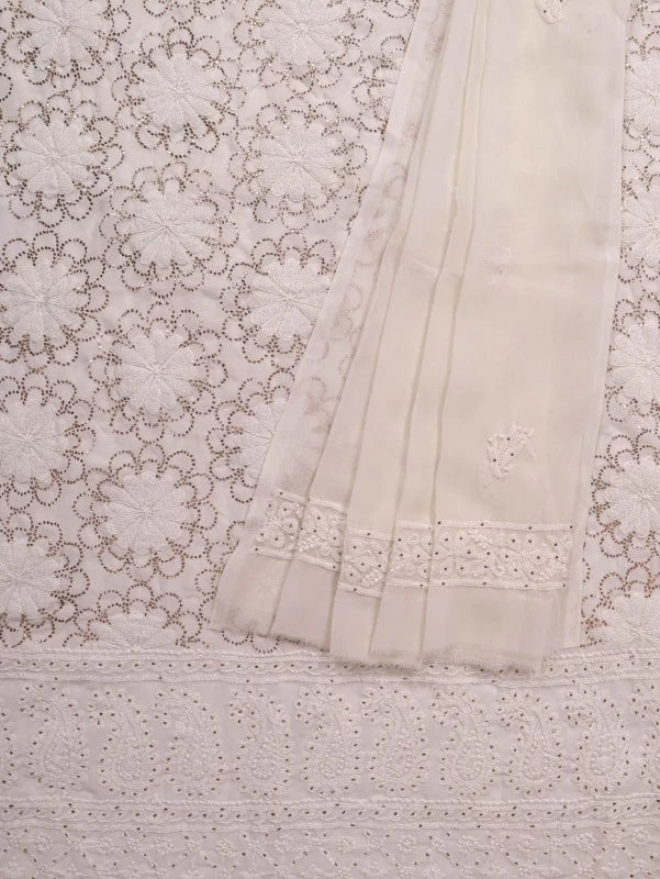Ada Hand Embroidered Off White Georgette Lucknowi Chikankari Unstitched Kurta Dupatta Set with Muqaish Work A279004